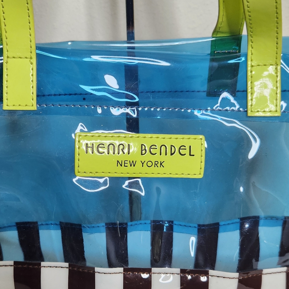 Henri Bendel Tote Bag PVC Canvas Blue Brown White Stripe Green Trim - Picture 2 of 10